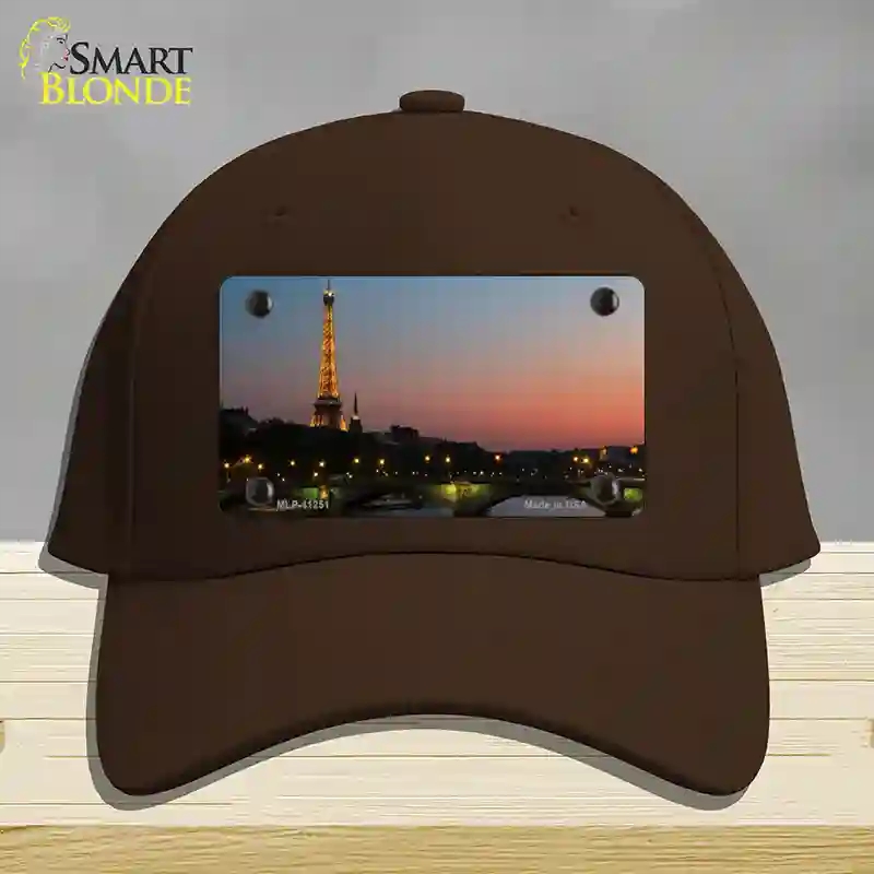 HAT24-MLP-11251 Eiffel Tower Night with River & Bridge Novelty License Plate Hat, Cotton - Dark Brown