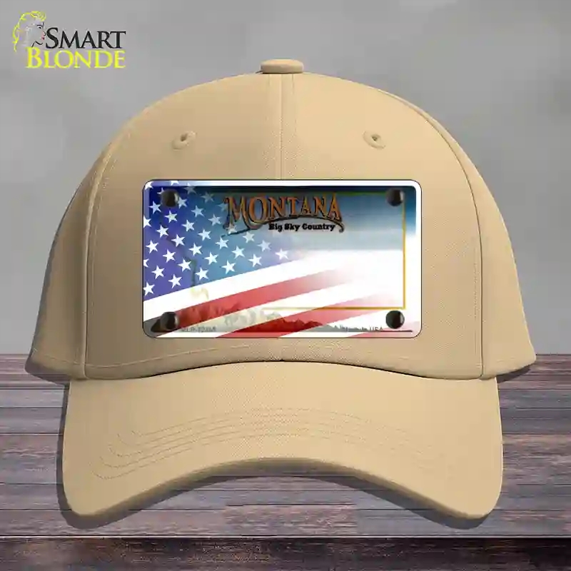 HAT22-MLP-12355 Montana with American Flag Novelty License Plate Hat, Cotton - Khaki