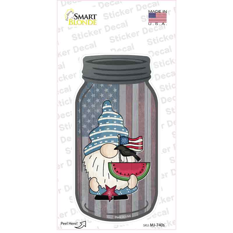 MJ-740s-M Gnome with Watermelon & Flag Novelty Mason Jar Sticker Decal, Medium
