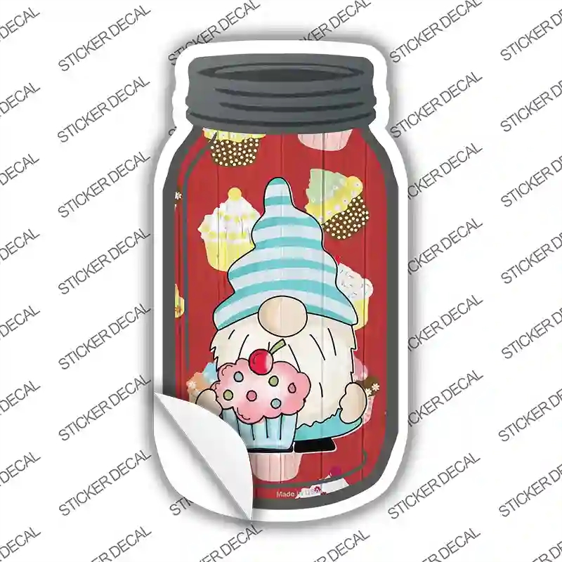 MJ-748s-S Gnome with Pink Cupcake Novelty Mason Jar Sticker Decal, Small