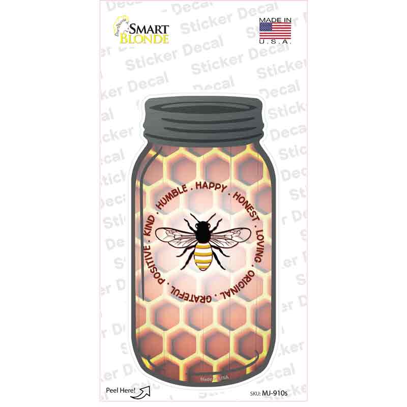 MJ-910s-M Humble Happy Honest Bee Novelty Mason Jar Sticker Decal, Medium