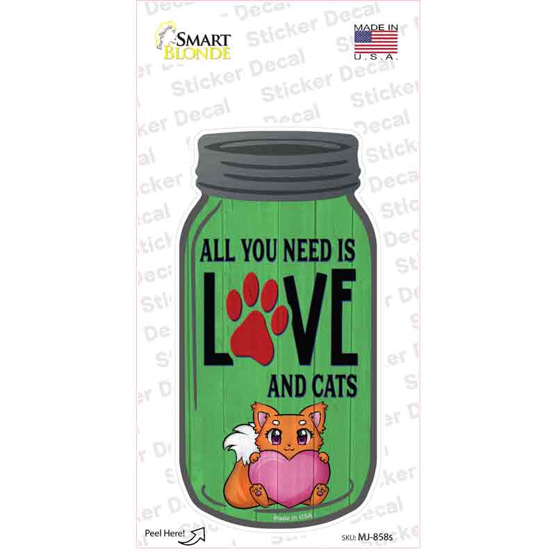 MJ-858s-M Love & Cats Green Novelty Mason Jar Sticker Decal, Medium