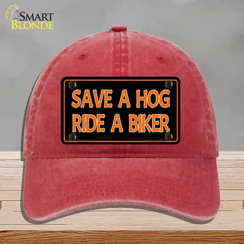 HAT13-MLP-1193 Save a Hog Ride a Biker Novelty License Plate Hat, Unconstructed Cotton - Red
