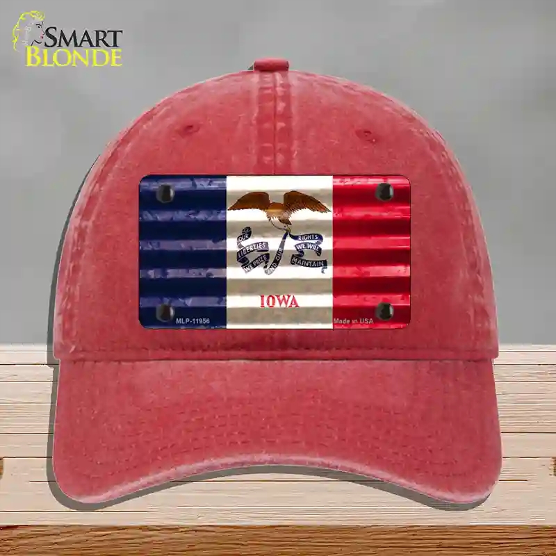 HAT13-MLP-11956 Iowa Corrugated Flag Novelty License Plate Hat, Unconstructed Cotton - Red
