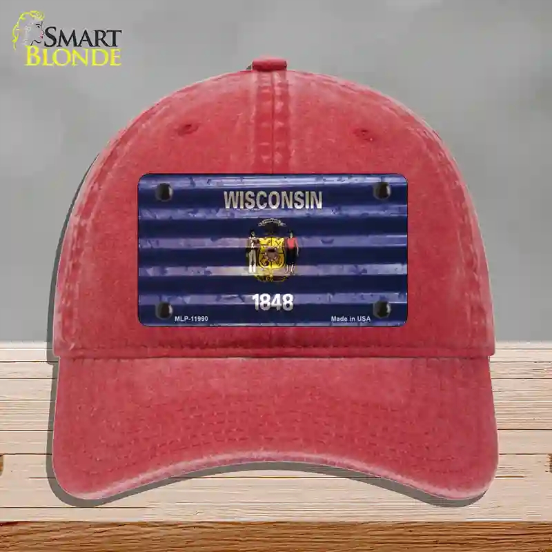 HAT13-MLP-11990 Wisconsin Corrugated Flag Novelty License Plate Hat, Unconstructed Cotton - Red