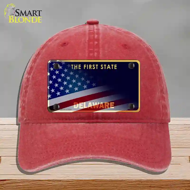 HAT13-MLP-12337 Delaware with American Flag Novelty License Plate Hat, Unconstructed Cotton - Red