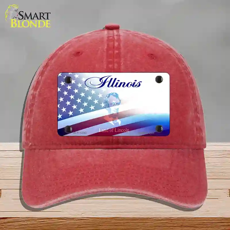 HAT13-MLP-12342 Illinois with American Flag Novelty License Plate Hat, Unconstructed Cotton - Red