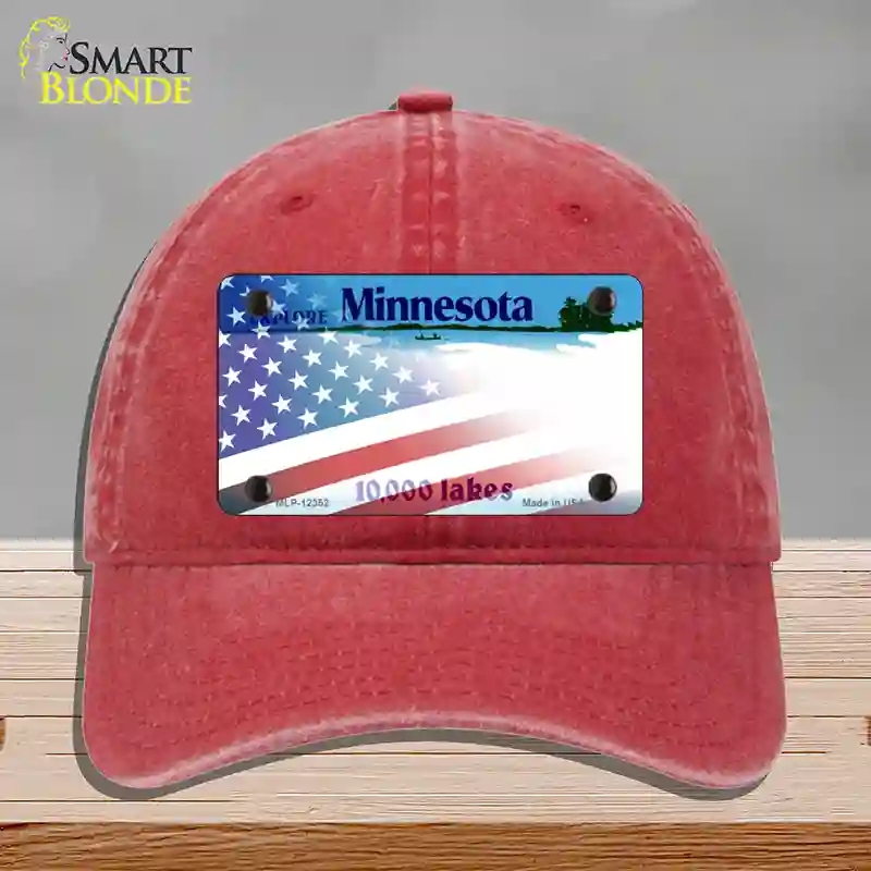 HAT13-MLP-12352 Minnesota with American Flag Novelty License Plate Hat, Unconstructed Cotton - Red