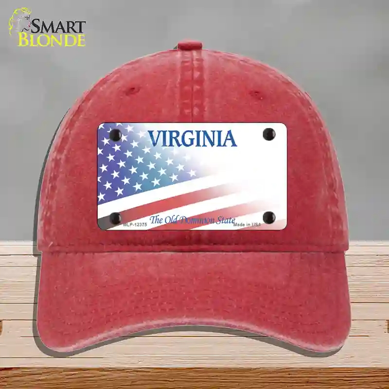 HAT13-MLP-12375 Virginia with American Flag Novelty License Plate Hat, Unconstructed Cotton - Red