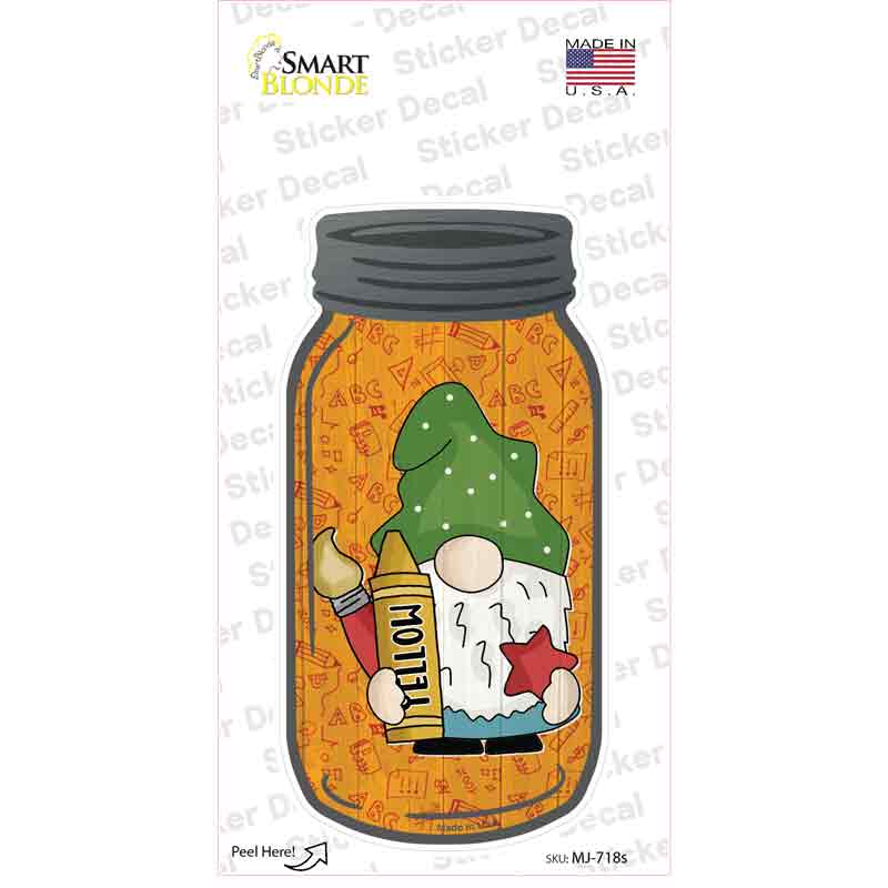 MJ-718s-M Gnome with Yellow Crayon Novelty Mason Jar Sticker Decal, Medium