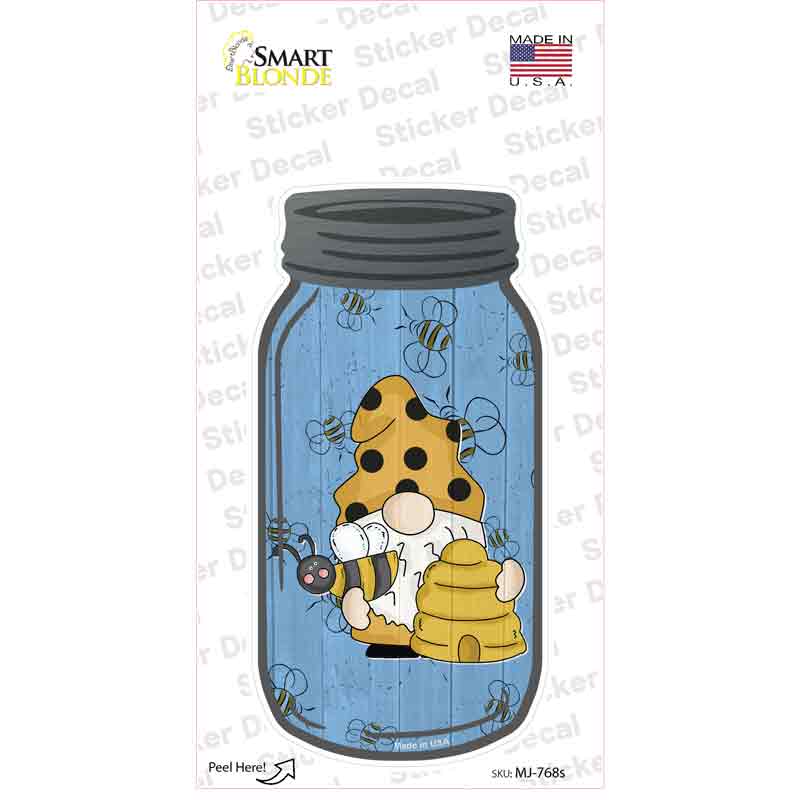 MJ-768s-M Gnome with Bee Hive Blue Novelty Mason Jar Sticker Decal, Medium