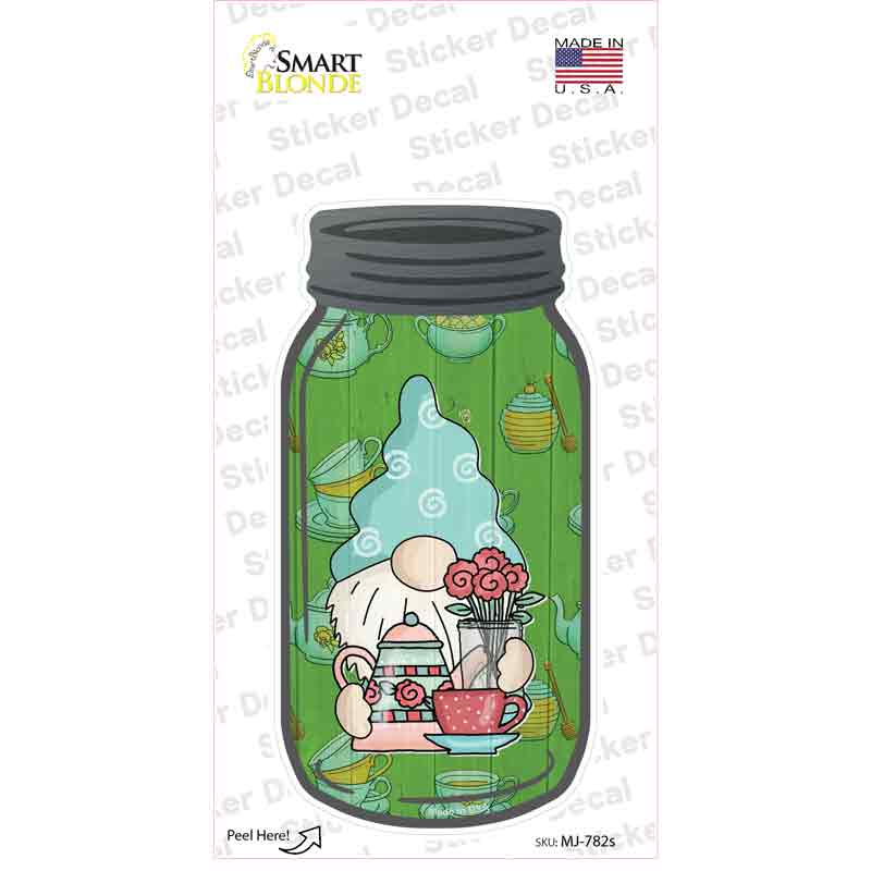 MJ-782s-M Gnome with Teapot & Flowers Novelty Mason Jar Sticker Decal, Medium