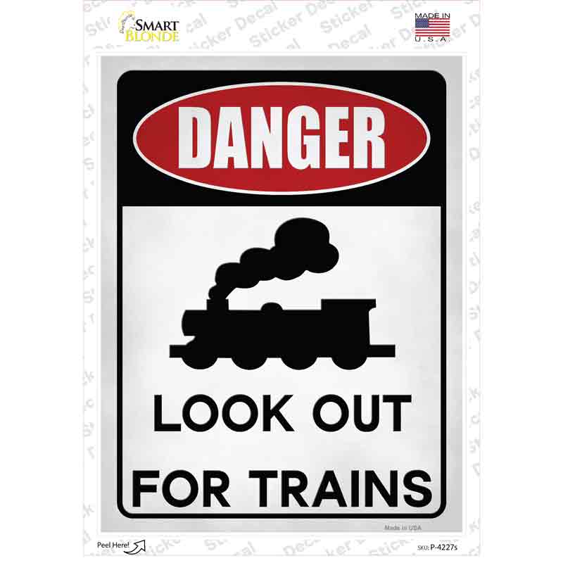 P-4227s-M Danger Look Out Trains Novelty Rectangle Sticker Decal, Medium