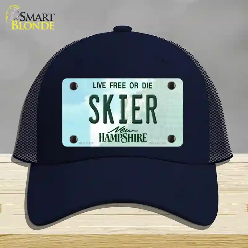 HAT16-MLP-11172 Skier   Hampshire State Novelty License Plate Hat, Mesh - Navy
