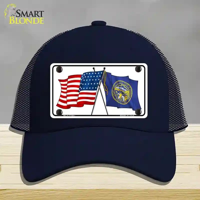 HAT16-MLP-11487 Nebraska Crossed US Flag Novelty License Plate Hat, Mesh - Navy