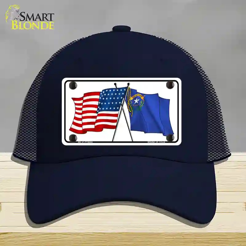 HAT16-MLP-11488 Nevada Crossed US Flag Novelty License Plate Hat, Mesh - Navy