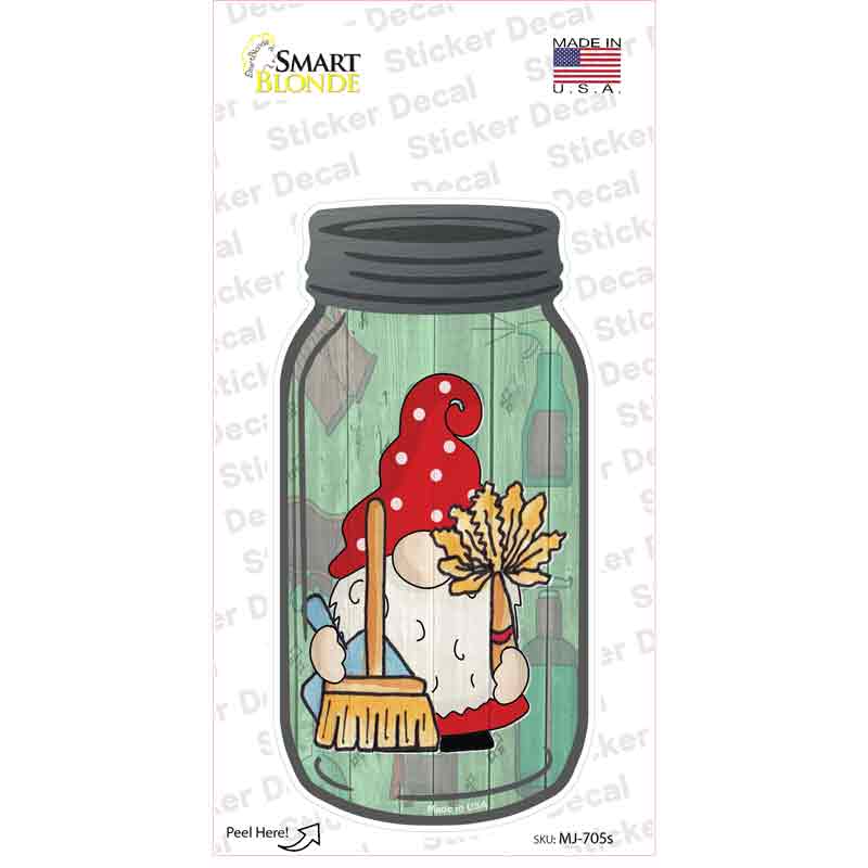 MJ-705s-M Gnome with Broom & Duster Novelty Mason Jar Sticker Decal, Medium