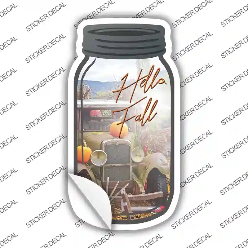 MJ-040s-L Hello Fall Cursive Novelty Mason Jar Sticker Decal, Large