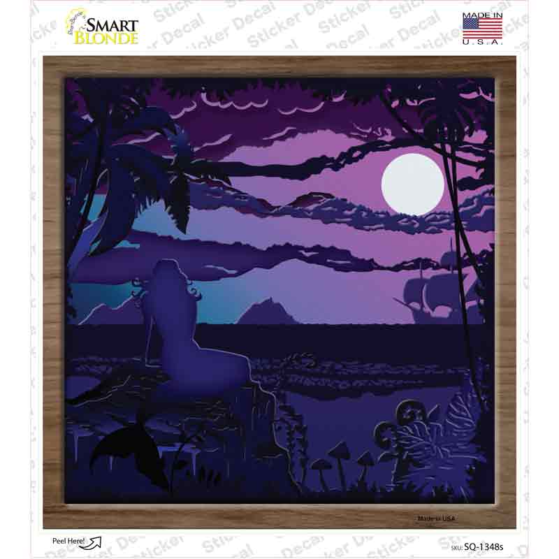 SQ-1348s-M Mermaid on Rock Shadow Box Novelty Square Sticker Decal, Medium