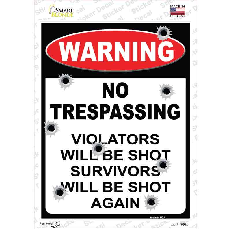 P-1998s-M Warning No Trespassing Novelty Rectangular Sticker Decal, Medium