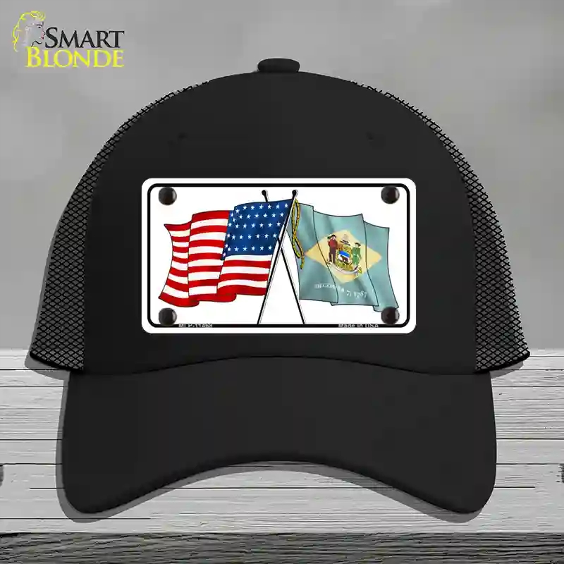 HAT01-MLP-11468 Delaware Crossed US Flag Novelty License Plate Hat, Mesh - Black