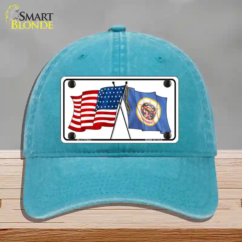 HAT10-MLP-11483 Minnesota Crossed US Flag Novelty License Plate Hat, Unconstructed Cotton - Lake Blue