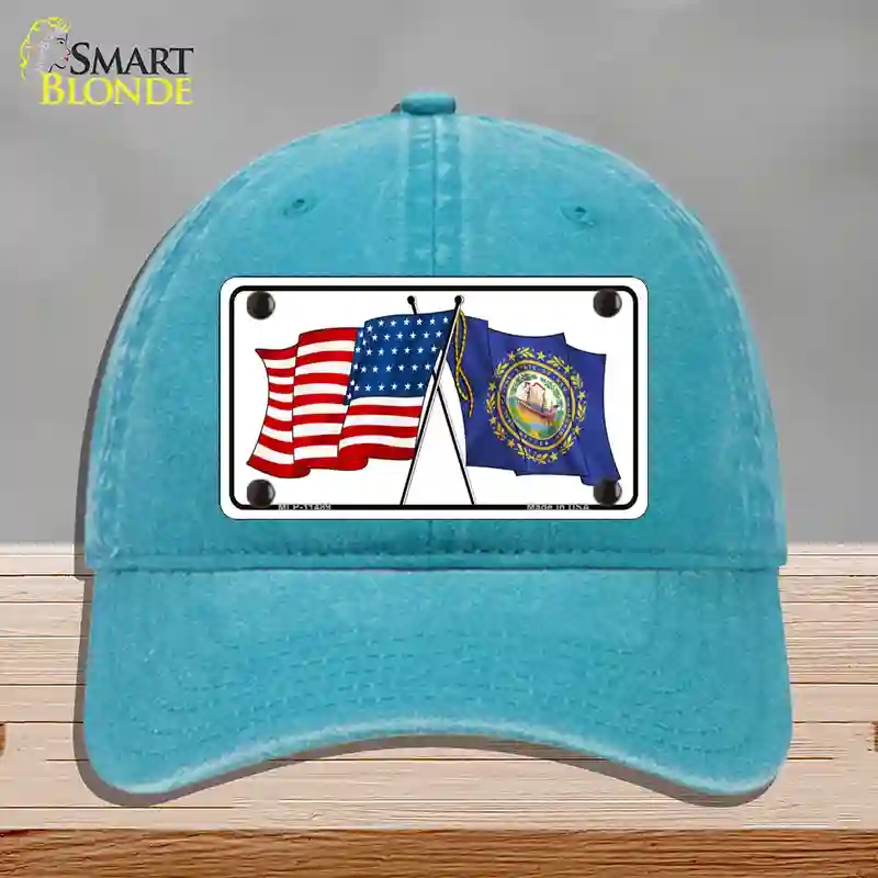 HAT10-MLP-11489   Hampshire Crossed US Flag Novelty License Plate Hat, Unconstructed Cotton - Lake Blue