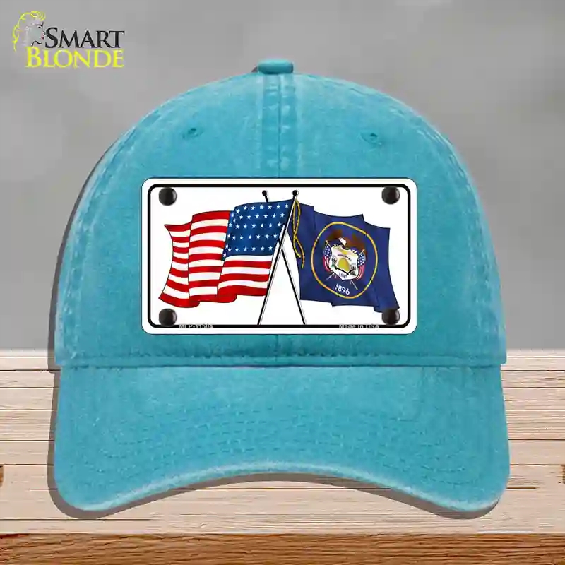 HAT10-MLP-11504 Utah Crossed US Flag Novelty License Plate Hat, Unconstructed Cotton - Lake Blue