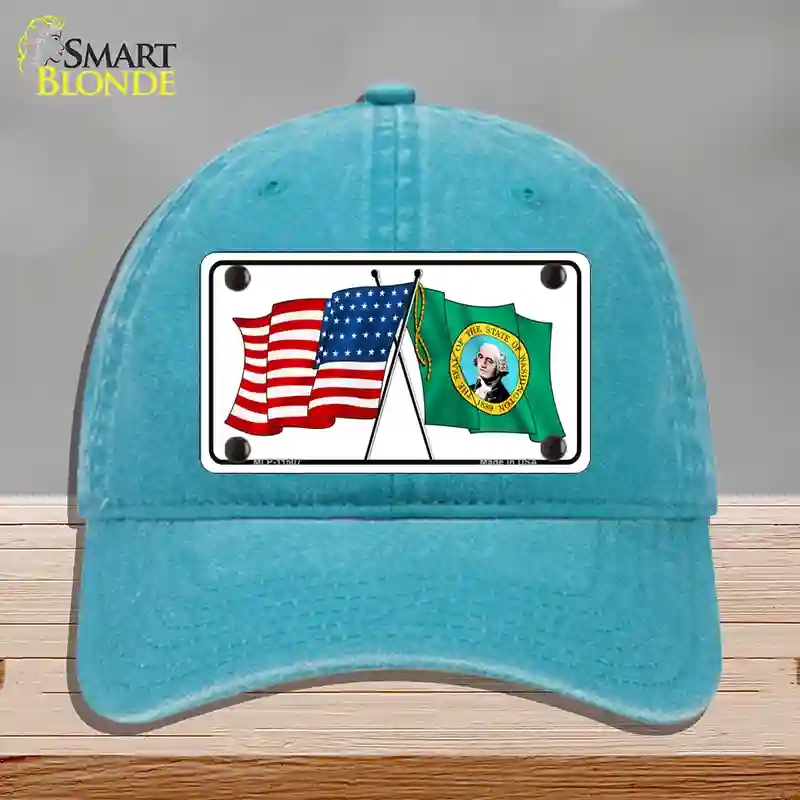 HAT10-MLP-11507 Washington Crossed US Flag Novelty License Plate Hat, Unconstructed Cotton - Lake Blue