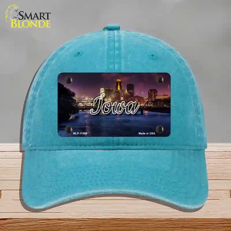 HAT10-MLP-11599 Iowa Bridge City Lights State Novelty License Plate Hat, Unconstructed Cotton - Lake Blue