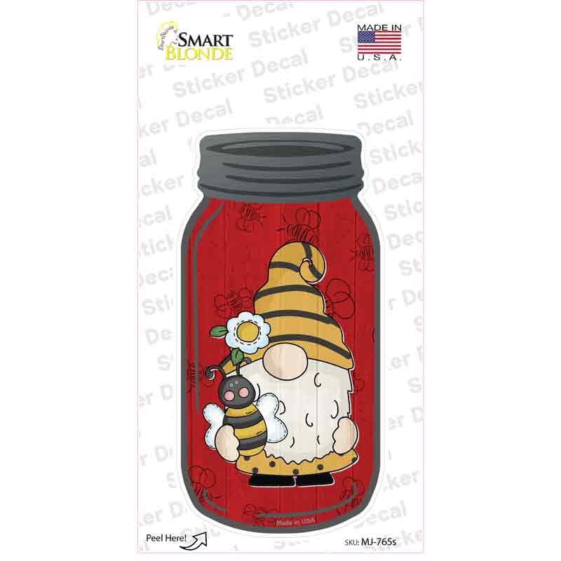 MJ-765s-M Gnome with Bee Red Novelty Mason Jar Sticker Decal, Medium