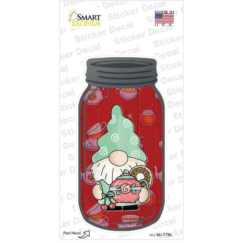 MJ-778s-M Gnome with Teapot Novelty Mason Jar Sticker Decal, Medium