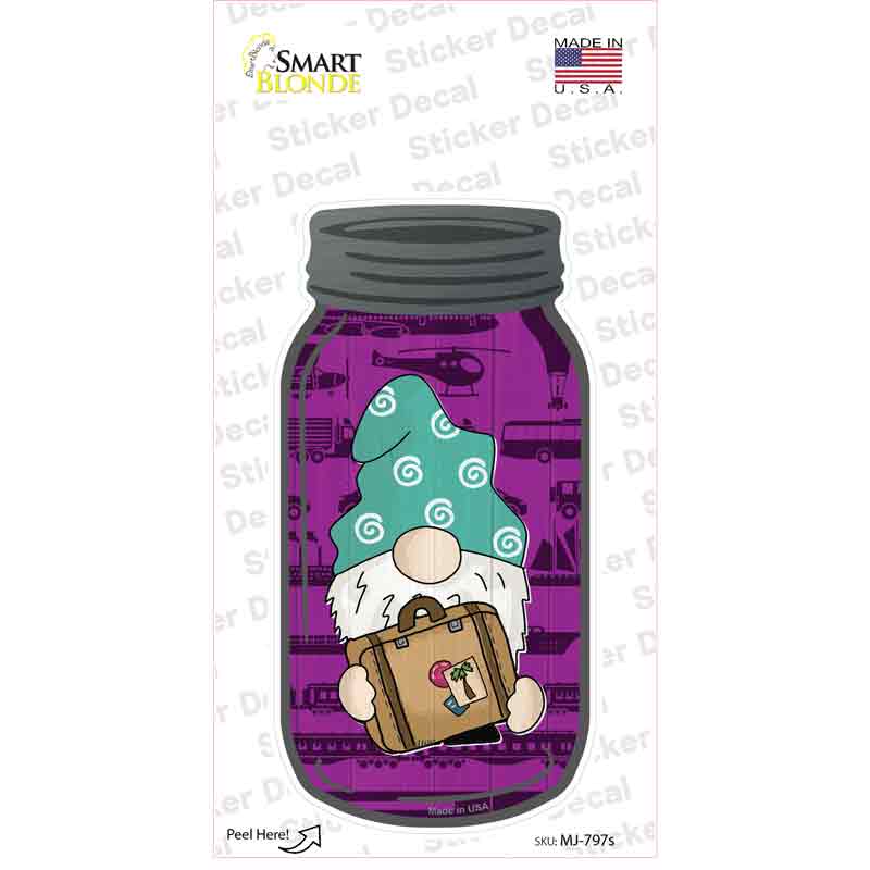 MJ-797s-M Gnome with Suitcase Purple Novelty Mason Jar Sticker Decal, Medium