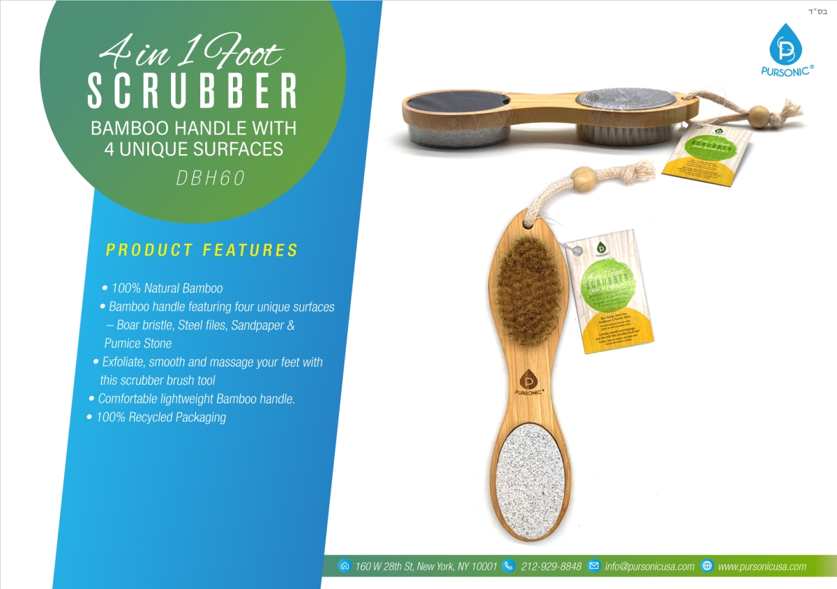 4 in. 1 Foot Scrubber Bamboo Handle with 4 Unique Surfaces