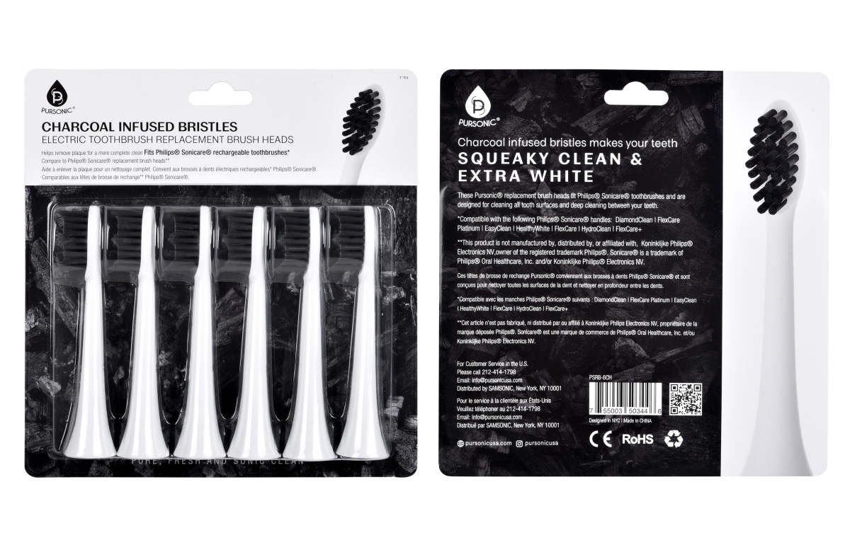 Picture of Pursonic PSRB-6CH Infused Replacement Brush Heads for Sonicare, Charcoal - Pack of 6