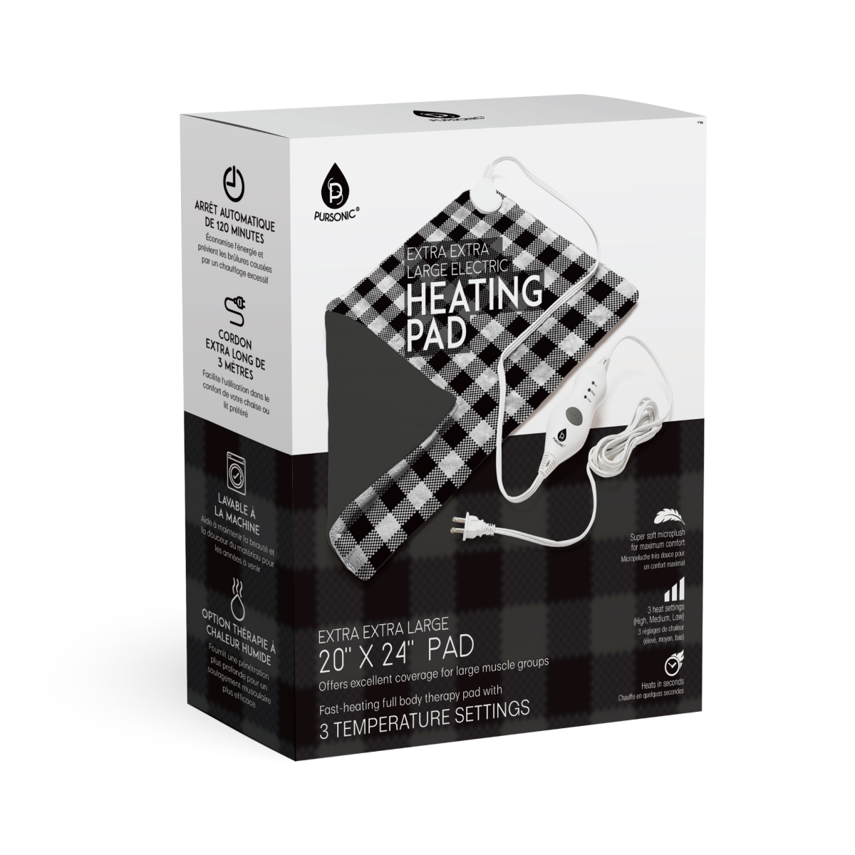 Picture of Pursonic HMG2024GHM Extra Large Electric Heating Pad, Gingham Black - 2XL