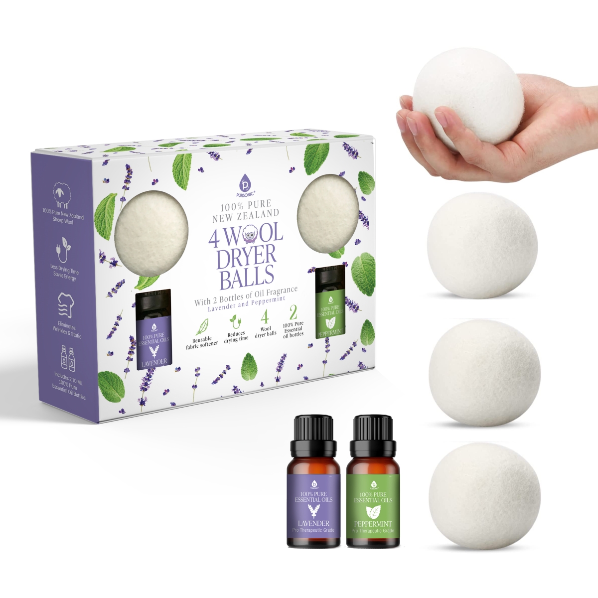 4 New Zealand Wool Dryer Balls with 2 Bottles Essential Oils