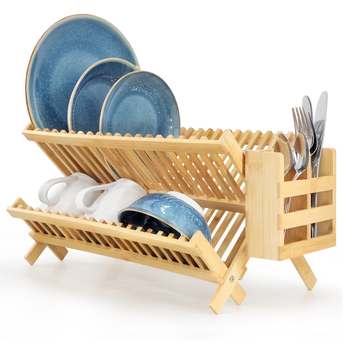 MC-B106  2-Tier Collapsible Kitchen Bamboo Drying Dish Rack with Utensil Holder
