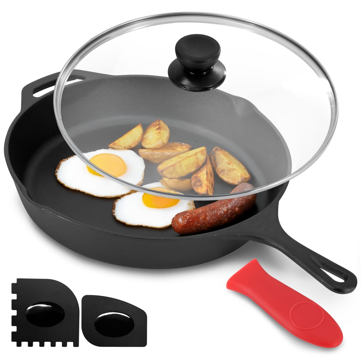 Picture of MegaChef MCCI-7756CI MegaChef 12 Inch Pre-Seasoned Cast Iron Skillet with Tempered Glass Lid