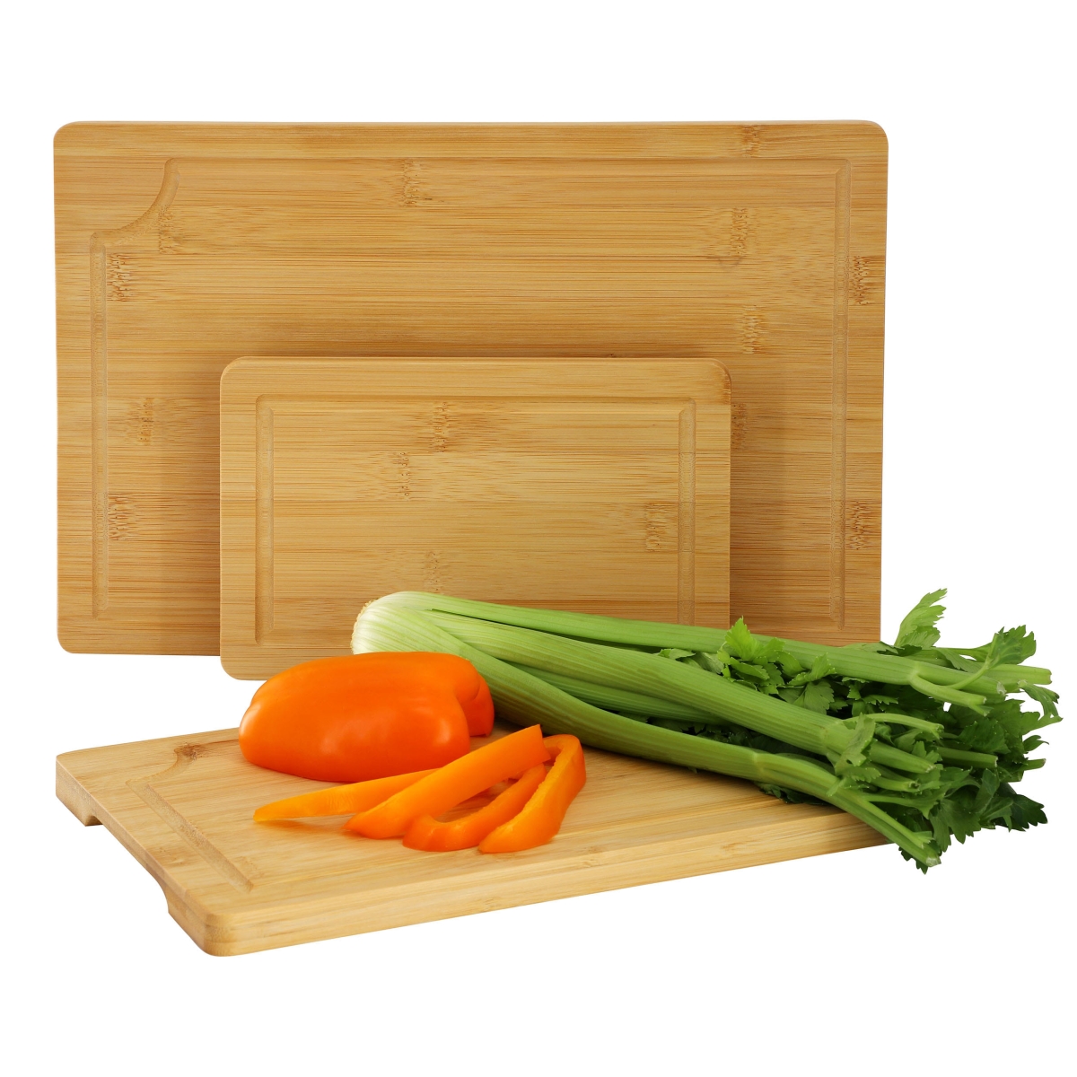 Picture of MEGACHEF MC-B125 MegaChef 3 Piece 9 Inch, 12 Inch, and 15 Inch Bamboo Wood Cutting Board Set with Juice Grooves