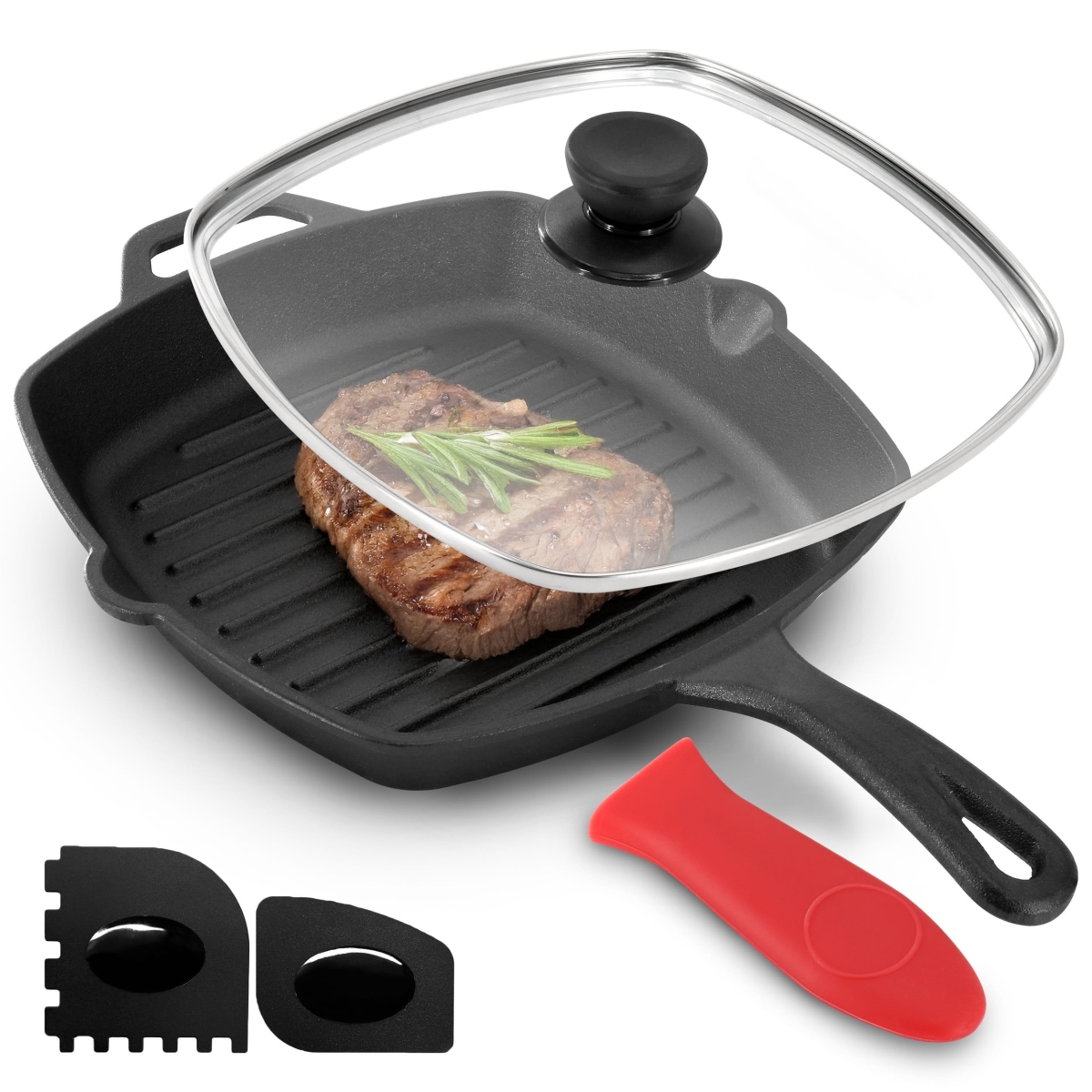 Picture of MegaChef MCCI-72626 MegaChef 10.4 Inch Pre-Seasoned Cast Iron Griddle with Tempered Glass Lid