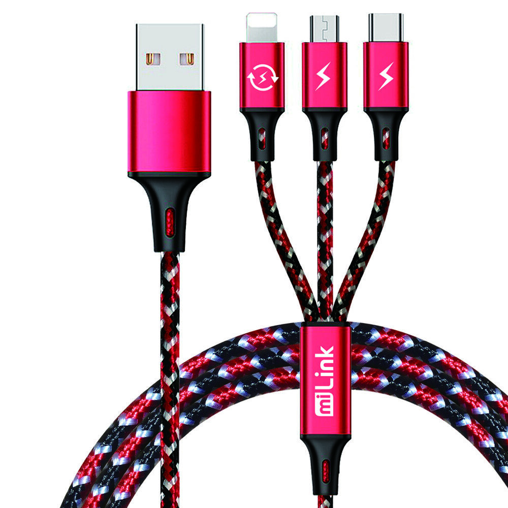 MTLL-246 6 ft. 3-in-1 MicroUSB Type-C 8 Pin Charging Cable -  miLINK