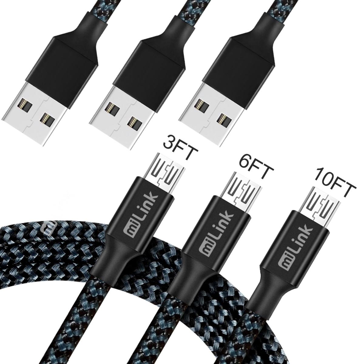 MU3-i235 Black Micro USB Charging & Syncing Cable, Pack of 3 -  miLINK