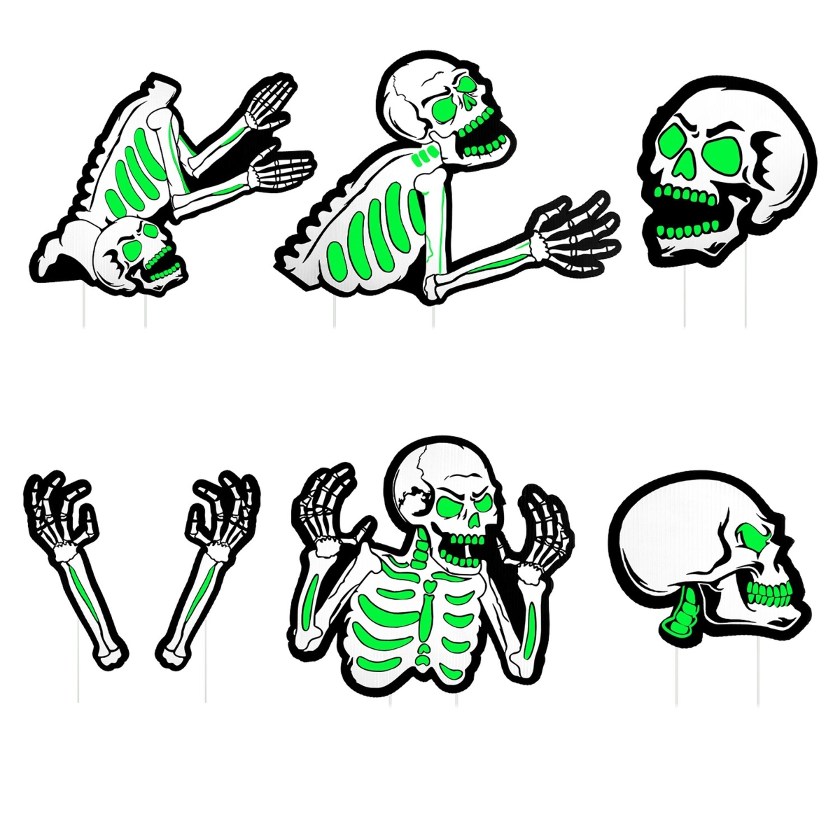 FFF-Skull-GPCT5075 Halloween Skeleton Yard Sign, Glow-in-the-Dark Skull Signs with Stakes for Lawn & Yard - Multi Color - 6 Piece