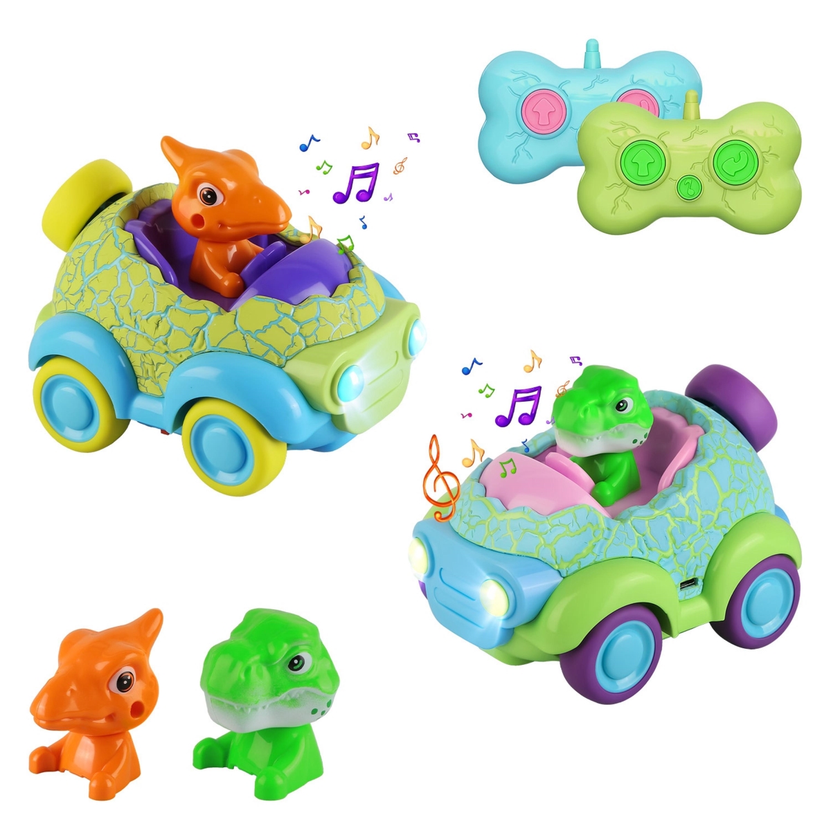FFF-GPCT5211 Dinosaur RC Cars, Rechargeable, Music, Light, Ages 3-6 - Multi Color - Pack of 2