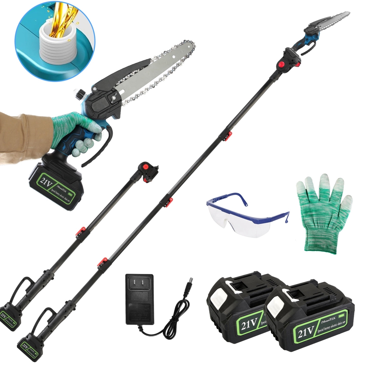 FFF-GPCT5270 2-in-1 Cordless Pole Saw & Mini Chainsaw with 2 x 21V Batteries & Extender - Black - 8 in.