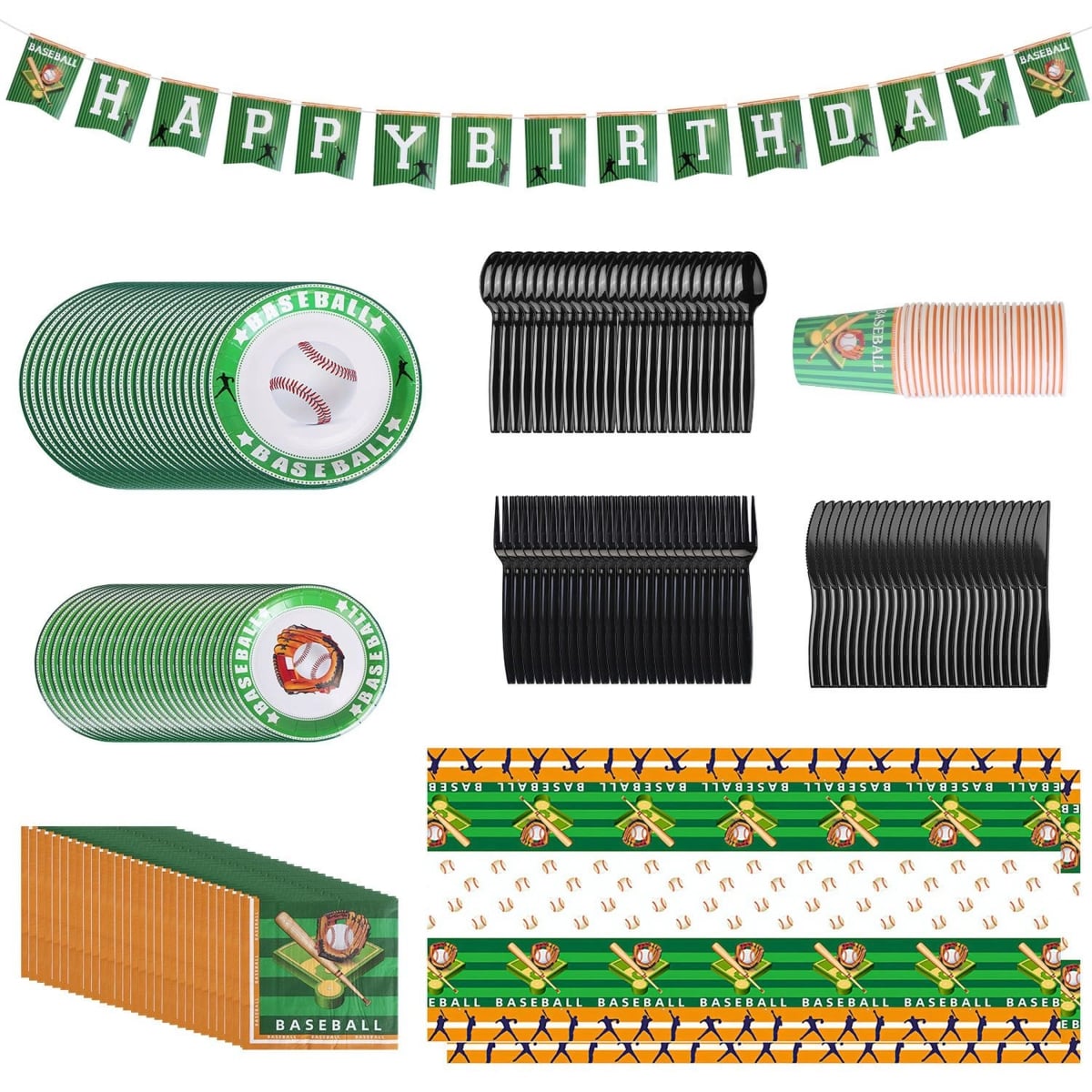 FFF-GPCT4841 Baseball Party Supplies Kit with Dinnerware Set, Cups, Plates, Napkins - Green - One Size - 171 Piece