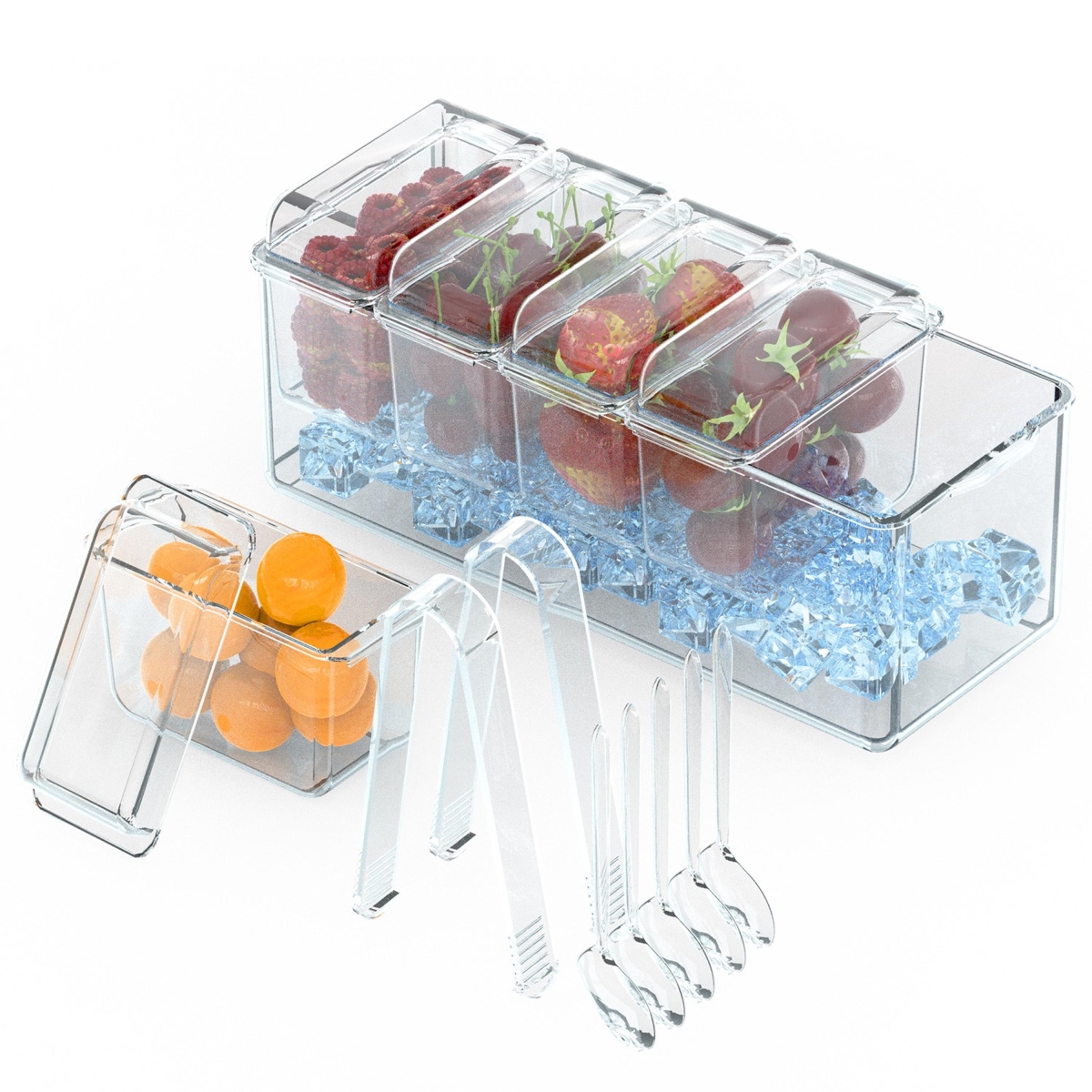 Picture of Fresh Fab Finds FFF-GPCT5028 Ice Chilled Condiment Caddy Serving Tray, Container Bar Garnish Holder Salad Platter Server Food Storage with 5 Removable Containers 5 Lids 2 Tongs - White - One Size