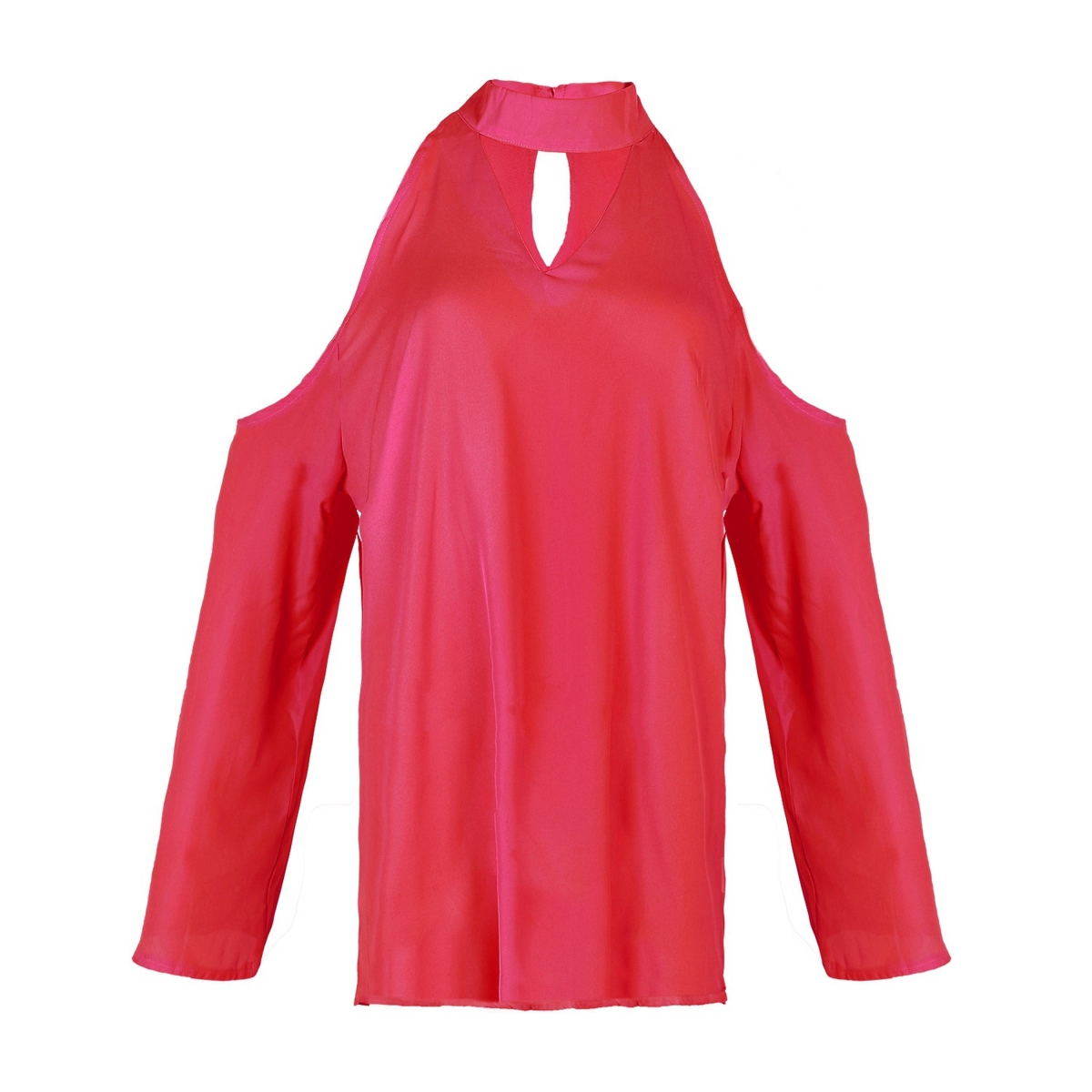 FFF-L-Red-GPCT1647 Off Shoulder V-Neck Long Sleeve Solid T-Shirt for Women, Red - Large