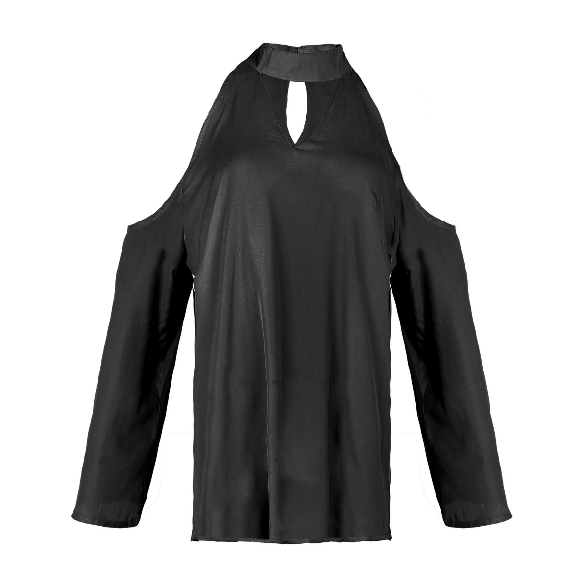 FFF-S-Black-GPCT1647 Off Shoulder V-Neck Long Sleeve Solid T-Shirt for Women, Black - Small